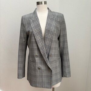 Plaid Double Breasted Blazer Checked Long Sleeve Lined Gray Taupe White Size 12